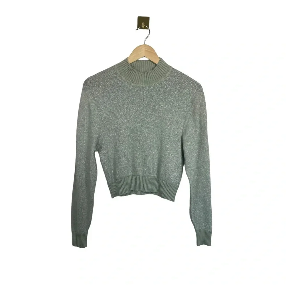 NWOT Free People Starry Night Metallic Shimmer Mock Neck Sweater Mint Green XS